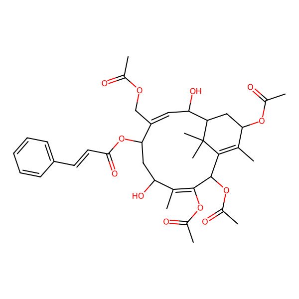 2D Structure of [(1S,2S,3E,5S,7S,8Z,10R,13S)-9,10,13-triacetyloxy-4-(acetyloxymethyl)-2,7-dihydroxy-8,12,15,15-tetramethyl-5-bicyclo[9.3.1]pentadeca-3,8,11-trienyl] (E)-3-phenylprop-2-enoate