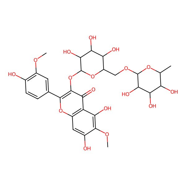 2D Structure of 5,7-dihydroxy-2-(4-hydroxy-3-methoxyphenyl)-6-methoxy-3-[(2S,3R,4S,5S,6R)-3,4,5-trihydroxy-6-[[(2R,3R,4R,5R,6S)-3,4,5-trihydroxy-6-methyloxan-2-yl]oxymethyl]oxan-2-yl]oxychromen-4-one