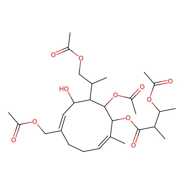 2D Structure of [(1S,2E,6Z,8R,9S,10S)-10-acetyloxy-6-(acetyloxymethyl)-9-[(2S)-1-acetyloxypropan-2-yl]-8-hydroxy-2-methylcyclodeca-2,6-dien-1-yl] (2S,3R)-3-acetyloxy-2-methylbutanoate