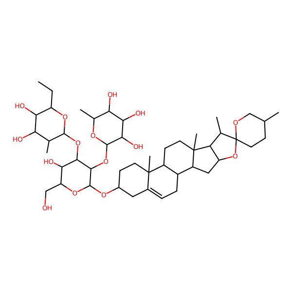 2D Structure of (2S,3R,4R,5R,6S)-2-[(2R,3R,4S,5R,6R)-4-[(2S,3R,4R,5S,6R)-6-ethyl-4,5-dihydroxy-3-methyloxan-2-yl]oxy-5-hydroxy-6-(hydroxymethyl)-2-[(1S,2S,4S,5'R,6R,7S,8R,9S,12S,13R,16S)-5',7,9,13-tetramethylspiro[5-oxapentacyclo[10.8.0.02,9.04,8.013,18]icos-18-ene-6,2'-oxane]-16-yl]oxyoxan-3-yl]oxy-6-methyloxane-3,4,5-triol