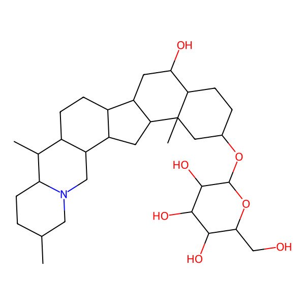 2D Structure of (2S,3S,4R,5S,6R)-2-(hydroxymethyl)-6-[[(1R,2R,6R,9R,10S,11R,14R,15R,17R,18S,21S,23S,24S)-17-hydroxy-6,10,23-trimethyl-4-azahexacyclo[12.11.0.02,11.04,9.015,24.018,23]pentacosan-21-yl]oxy]oxane-3,4,5-triol