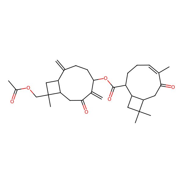 2D Structure of [10-(Acetyloxymethyl)-10-methyl-2,6-dimethylidene-7-oxo-5-bicyclo[7.2.0]undecanyl] 6,10,10-trimethyl-7-oxobicyclo[7.2.0]undec-5-ene-2-carboxylate
