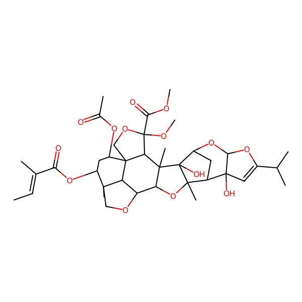 2D Structure of methyl (1S,4S,5R,6S,7R,8S,10S,14S,15S,16R,18S,19R,22R,23R,25S,26S)-25-acetyloxy-7,14-dihydroxy-4-methoxy-6,16,22-trimethyl-23-[(E)-2-methylbut-2-enoyl]oxy-12-propan-2-yl-3,9,11,17,20-pentaoxaoctacyclo[17.6.1.18,15.01,5.06,18.07,16.010,14.022,26]heptacos-12-ene-4-carboxylate