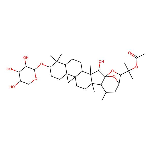 2D Structure of 2-[2-Hydroxy-3,8,8,17,19-pentamethyl-9-(3,4,5-trihydroxyoxan-2-yl)oxy-23,24-dioxaheptacyclo[19.2.1.01,18.03,17.04,14.07,12.012,14]tetracosan-22-yl]propan-2-yl acetate