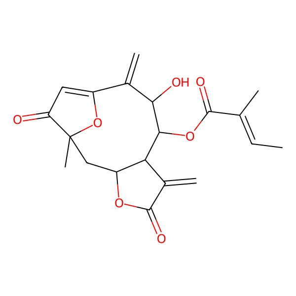 2D Structure of (9-Hydroxy-1-methyl-6,10-dimethylidene-5,13-dioxo-4,14-dioxatricyclo[9.2.1.03,7]tetradec-11-en-8-yl) 2-methylbut-2-enoate