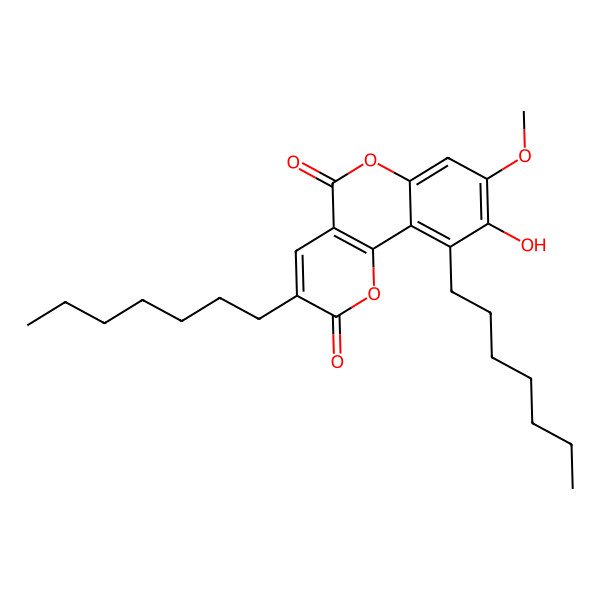 2D Structure of 3,10-Diheptyl-9-hydroxy-8-methoxypyrano[3,2-c]chromene-2,5-dione