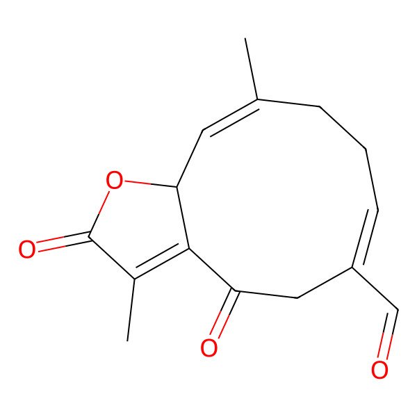 2D Structure of 3,10-Dimethyl-2,4-dioxo-5,8,9,11a-tetrahydrocyclodeca[b]furan-6-carbaldehyde