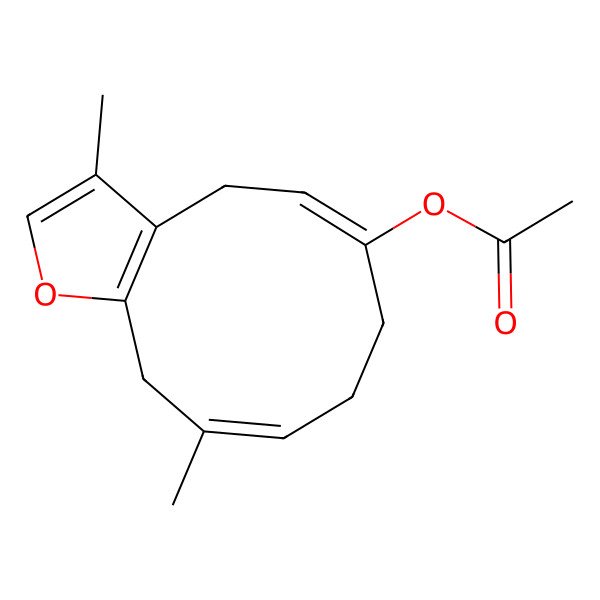 2D Structure of (3,10-Dimethyl-4,7,8,11-tetrahydrocyclodeca[b]furan-6-yl) acetate