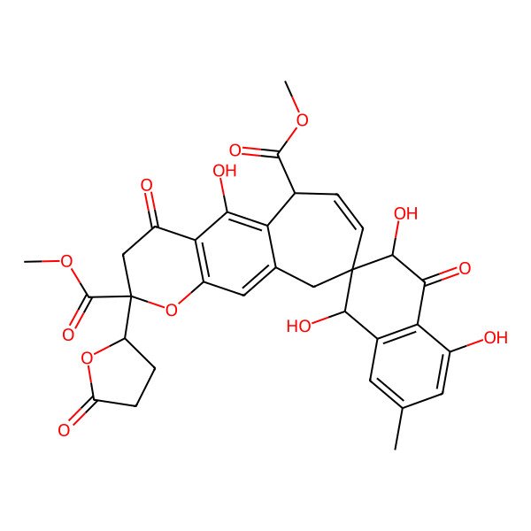 2D Structure of dimethyl 1,3,5,5'-tetrahydroxy-7-methyl-4,4'-dioxo-2'-(5-oxooxolan-2-yl)spiro[1,3-dihydronaphthalene-2,9'-6,10-dihydro-3H-cyclohepta[g]chromene]-2',6'-dicarboxylate