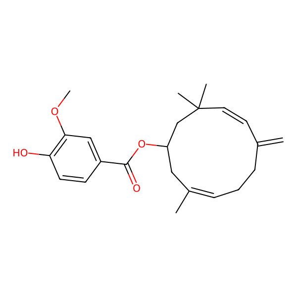 2D Structure of (3,10,10-Trimethyl-7-methylidenecycloundeca-3,8-dien-1-yl) 4-hydroxy-3-methoxybenzoate