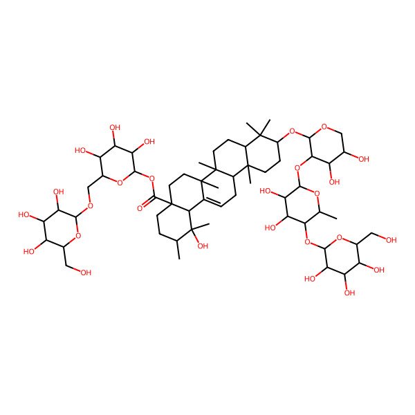 2D Structure of [(2S,3R,4S,5S,6R)-3,4,5-trihydroxy-6-[[(2R,3R,4R,5S,6R)-3,4,5-trihydroxy-6-(hydroxymethyl)oxan-2-yl]oxymethyl]oxan-2-yl] (1R,2R,4aS,6aR,6aS,6bR,8aR,10S,12aR,14bR)-10-[(2S,3R,4S,5R)-3-[(2S,3R,4S,5R,6S)-3,4-dihydroxy-6-methyl-5-[(2S,3R,4S,5S,6R)-3,4,5-trihydroxy-6-(hydroxymethyl)oxan-2-yl]oxyoxan-2-yl]oxy-4,5-dihydroxyoxan-2-yl]oxy-1-hydroxy-1,2,6a,6b,9,9,12a-heptamethyl-2,3,4,5,6,6a,7,8,8a,10,11,12,13,14b-tetradecahydropicene-4a-carboxylate