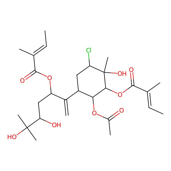 2D Structure of [(1R,2R,3R,5S,6R)-6-acetyloxy-3-chloro-5-[(3S,5S)-5,6-dihydroxy-6-methyl-3-[(Z)-2-methylbut-2-enoyl]oxyhept-1-en-2-yl]-2-hydroxy-2-methylcyclohexyl] (Z)-2-methylbut-2-enoate