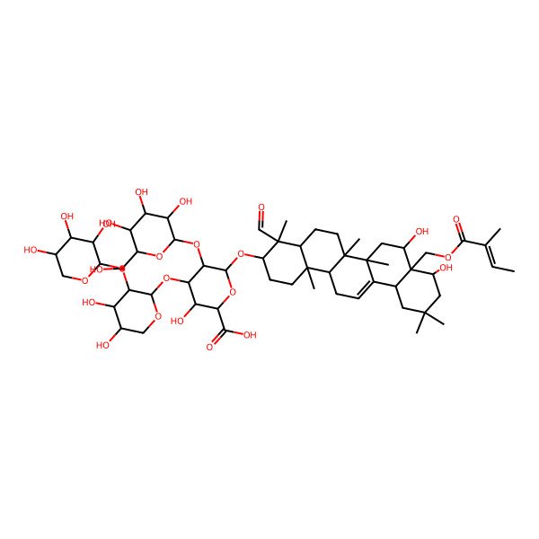 2D Structure of (2S,3S,4S,5R,6R)-6-[[(3S,4S,4aR,6aR,6bS,8R,8aS,9S,12aS,14aR,14bR)-4-formyl-8,9-dihydroxy-4,6a,6b,11,11,14b-hexamethyl-8a-[[(Z)-2-methylbut-2-enoyl]oxymethyl]-1,2,3,4a,5,6,7,8,9,10,12,12a,14,14a-tetradecahydropicen-3-yl]oxy]-4-[(2S,3R,4S,5S)-4,5-dihydroxy-3-[(2S,3R,4S,5R)-3,4,5-trihydroxyoxan-2-yl]oxyoxan-2-yl]oxy-3-hydroxy-5-[(2S,3R,4S,5R,6R)-3,4,5-trihydroxy-6-(hydroxymethyl)oxan-2-yl]oxyoxane-2-carboxylic acid