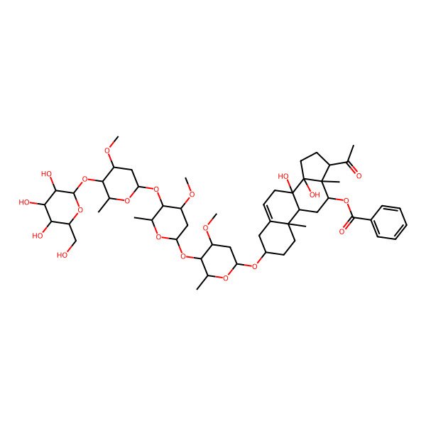 2D Structure of [17-acetyl-8,14-dihydroxy-3-[4-methoxy-5-[4-methoxy-5-[4-methoxy-6-methyl-5-[3,4,5-trihydroxy-6-(hydroxymethyl)oxan-2-yl]oxyoxan-2-yl]oxy-6-methyloxan-2-yl]oxy-6-methyloxan-2-yl]oxy-10,13-dimethyl-2,3,4,7,9,11,12,15,16,17-decahydro-1H-cyclopenta[a]phenanthren-12-yl] benzoate