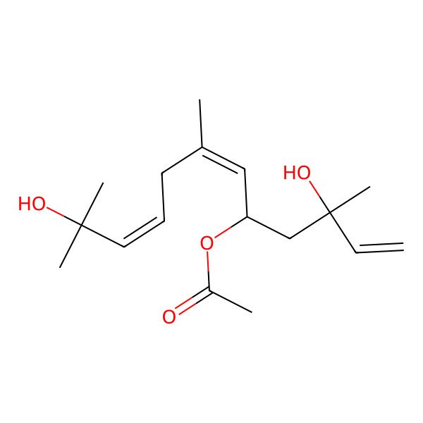 2D Structure of (3,11-Dihydroxy-3,7,11-trimethyldodeca-1,6,9-trien-5-yl) acetate 2D Structure of (3,11-Dihydroxy-3,7,11-trimethyldodeca-1,6,9-trien-5-yl) acetate