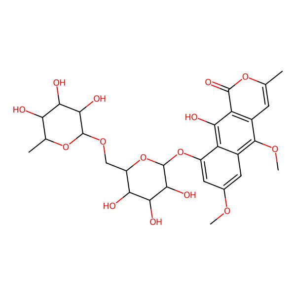 2D Structure of 10-hydroxy-5,7-dimethoxy-3-methyl-9-[(2S,3R,4S,5S,6R)-3,4,5-trihydroxy-6-[[(2R,3R,4R,5R,6S)-3,4,5-trihydroxy-6-methyloxan-2-yl]oxymethyl]oxan-2-yl]oxybenzo[g]isochromen-1-one