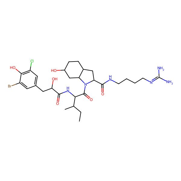 2D Structure of 1-[2-[[3-(3-bromo-5-chloro-4-hydroxyphenyl)-2-hydroxypropanoyl]amino]-3-methylpentanoyl]-N-[4-(diaminomethylideneamino)butyl]-6-hydroxy-2,3,3a,4,5,6,7,7a-octahydroindole-2-carboxamide