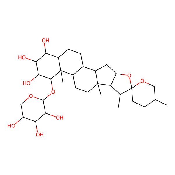2D Structure of 5',7,9,13-Tetramethyl-14-(3,4,5-trihydroxyoxan-2-yl)oxyspiro[5-oxapentacyclo[10.8.0.02,9.04,8.013,18]icosane-6,2'-oxane]-15,16,17-triol