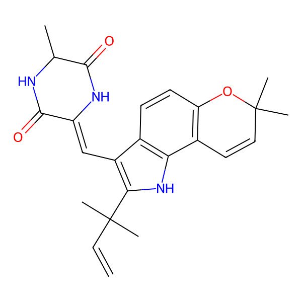 2D Structure of 3-[[7,7-dimethyl-2-(2-methylbut-3-en-2-yl)-1H-pyrano[2,3-g]indol-3-yl]methylidene]-6-methylpiperazine-2,5-dione