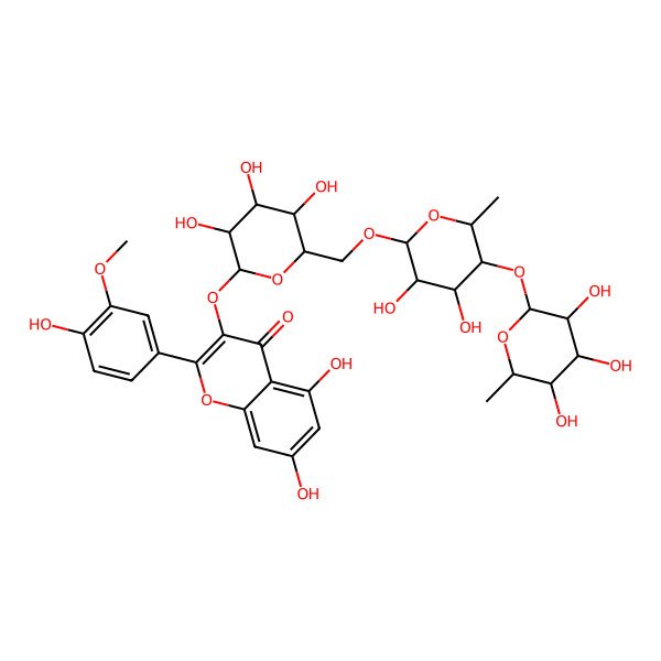 2D Structure of 3-[(2S,3R,4S,5S,6R)-6-[[(2R,3R,4S,5R,6S)-3,4-dihydroxy-6-methyl-5-[(2S,3R,4R,5R,6S)-3,4,5-trihydroxy-6-methyloxan-2-yl]oxyoxan-2-yl]oxymethyl]-3,4,5-trihydroxyoxan-2-yl]oxy-5,7-dihydroxy-2-(4-hydroxy-3-methoxyphenyl)chromen-4-one