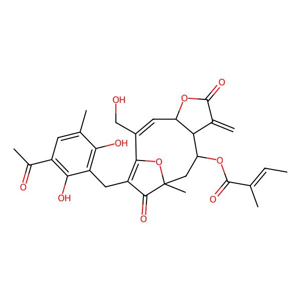 2D Structure of [(2Z,4R,8S,9R,11R)-13-[(3-acetyl-2,6-dihydroxy-5-methylphenyl)methyl]-2-(hydroxymethyl)-11-methyl-7-methylidene-6,12-dioxo-5,14-dioxatricyclo[9.2.1.04,8]tetradeca-1(13),2-dien-9-yl] (Z)-2-methylbut-2-enoate