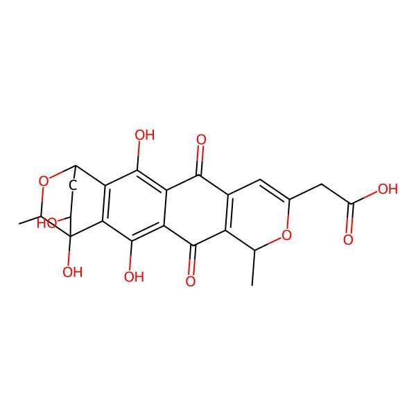 2D Structure of 2-(1,3,14,19-Tetrahydroxy-7,18-dimethyl-5,12-dioxo-8,17-dioxapentacyclo[14.2.2.02,15.04,13.06,11]icosa-2(15),3,6(11),9,13-pentaen-9-yl)acetic acid
