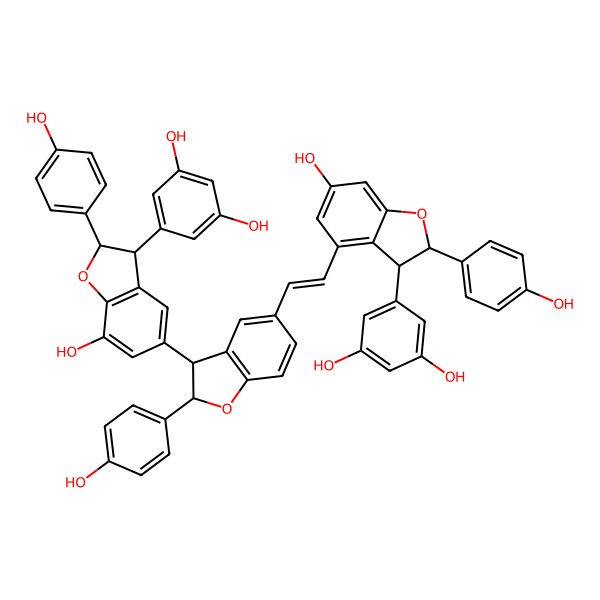 2D Structure of 5-[5-[5-[2-[3-(3,5-Dihydroxyphenyl)-6-hydroxy-2-(4-hydroxyphenyl)-2,3-dihydro-1-benzofuran-4-yl]ethenyl]-2-(4-hydroxyphenyl)-2,3-dihydro-1-benzofuran-3-yl]-7-hydroxy-2-(4-hydroxyphenyl)-2,3-dihydro-1-benzofuran-3-yl]benzene-1,3-diol