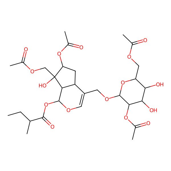 2D Structure of [(1S,4aS,6S,7R,7aS)-6-acetyloxy-4-[[(2R,3R,4S,5S,6R)-3-acetyloxy-6-(acetyloxymethyl)-4,5-dihydroxyoxan-2-yl]oxymethyl]-7-(acetyloxymethyl)-7-hydroxy-4a,5,6,7a-tetrahydro-1H-cyclopenta[c]pyran-1-yl] (2R)-2-methylbutanoate