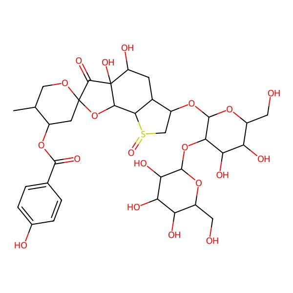 2D Structure of [(2S,3aR,4S,4'S,5'R,5aR,6R,8S,8aS,8bS)-6-[(2S,3R,4S,5S,6R)-4,5-dihydroxy-6-(hydroxymethyl)-3-[(2S,3R,4S,5S,6R)-3,4,5-trihydroxy-6-(hydroxymethyl)oxan-2-yl]oxyoxan-2-yl]oxy-3a,4-dihydroxy-5'-methyl-3,8-dioxospiro[5,5a,6,7,8a,8b-hexahydro-4H-thieno[3,2-g][1]benzofuran-2,2'-oxane]-4'-yl] 4-hydroxybenzoate