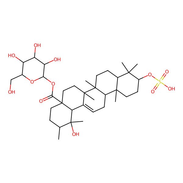 2D Structure of [(2S,3R,4S,5S,6R)-3,4,5-trihydroxy-6-(hydroxymethyl)oxan-2-yl] (1R,2R,4aS,6aR,6aS,6bR,8aR,10S,12aR,14bS)-1-hydroxy-1,2,6a,6b,9,9,12a-heptamethyl-10-sulfooxy-2,3,4,5,6,6a,7,8,8a,10,11,12,13,14b-tetradecahydropicene-4a-carboxylate