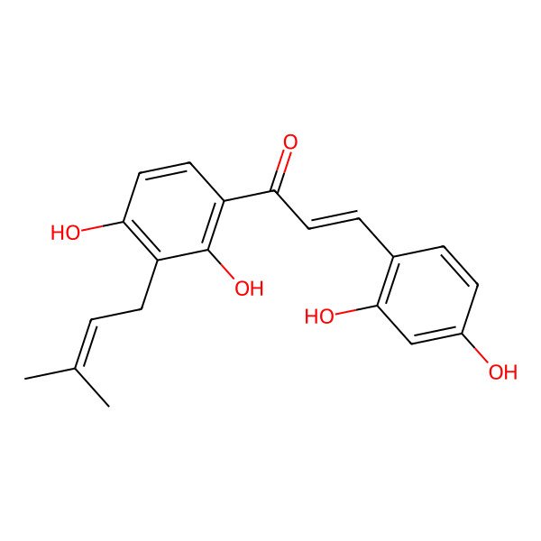 2D Structure of 2-Propen-1-one, 1-[2,4-dihydroxy-3-(3-methyl-2-butenyl)phenyl]-3-(2,4-dihydroxyphenyl)-, (E)-; (2E)-1-[2,4-Dihydroxy-3-(3-methyl-2-buten-1-yl)phenyl]-3-(2,4-dihydroxyphenyl)-2-propen-1-one