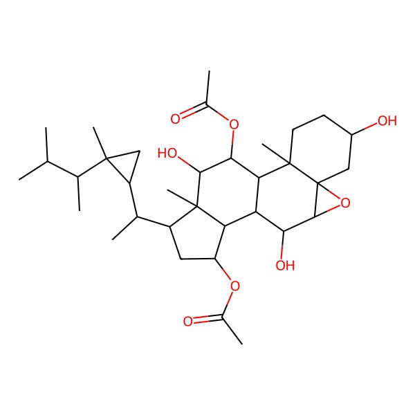 2D Structure of [(1S,2R,5S,7S,9R,10S,11S,12S,13S,15R,16R,17S,18S)-18-acetyloxy-5,10,17-trihydroxy-2,16-dimethyl-15-[(1R)-1-[(1R,2R)-2-methyl-2-[(2R)-3-methylbutan-2-yl]cyclopropyl]ethyl]-8-oxapentacyclo[9.7.0.02,7.07,9.012,16]octadecan-13-yl] acetate