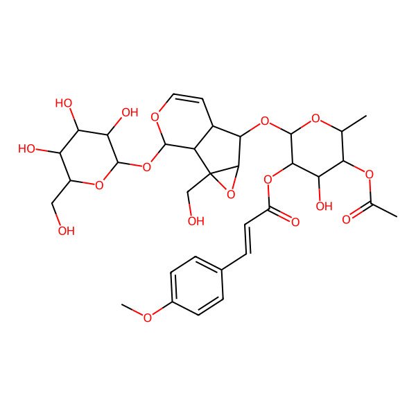 2D Structure of [(2S,3R,4R,5R,6S)-5-acetyloxy-4-hydroxy-2-[[(1S,2S,4S,5S,6R,10S)-2-(hydroxymethyl)-10-[(2S,3R,4S,5S,6R)-3,4,5-trihydroxy-6-(hydroxymethyl)oxan-2-yl]oxy-3,9-dioxatricyclo[4.4.0.02,4]dec-7-en-5-yl]oxy]-6-methyloxan-3-yl] (E)-3-(4-methoxyphenyl)prop-2-enoate
