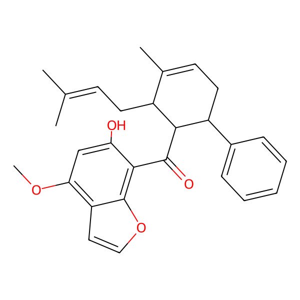 2D Structure of (6-Hydroxy-4-methoxy-1-benzofuran-7-yl)-[3-methyl-2-(3-methylbut-2-enyl)-6-phenylcyclohex-3-en-1-yl]methanone
