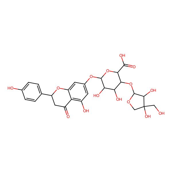 2D Structure of (2S,3S,4R,5R,6S)-3-[(2S,3R,4R)-3,4-dihydroxy-4-(hydroxymethyl)oxolan-2-yl]oxy-4,5-dihydroxy-6-[[(2S)-5-hydroxy-2-(4-hydroxyphenyl)-4-oxo-2,3-dihydrochromen-7-yl]oxy]oxane-2-carboxylic acid