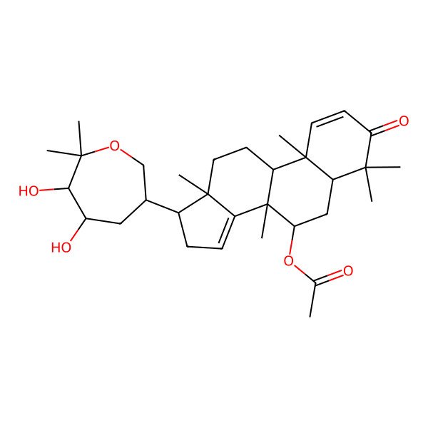 2D Structure of [17-(5,6-Dihydroxy-7,7-dimethyloxepan-3-yl)-4,4,8,10,13-pentamethyl-3-oxo-5,6,7,9,11,12,16,17-octahydrocyclopenta[a]phenanthren-7-yl] acetate