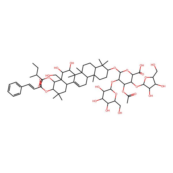 2D Structure of (2S,3S,4S,5R,6R)-6-[[(3S,4aR,6aR,6bS,7R,8S,8aR,9R,10R,12aS,14aR,14bR)-7,8-dihydroxy-8a-(hydroxymethyl)-4,4,6a,6b,11,11,14b-heptamethyl-9-[(2R)-2-methylbutanoyl]oxy-10-[(E)-3-phenylprop-2-enoyl]oxy-1,2,3,4a,5,6,7,8,9,10,12,12a,14,14a-tetradecahydropicen-3-yl]oxy]-4-acetyloxy-3-[(2S,3R,4R,5S)-3,4-dihydroxy-5-(hydroxymethyl)oxolan-2-yl]oxy-5-[(2S,3R,4S,5S,6R)-3,4,5-trihydroxy-6-(hydroxymethyl)oxan-2-yl]oxyoxane-2-carboxylic acid