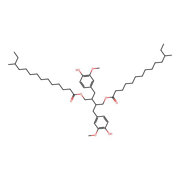 2D Structure of [(2R,3R)-2,3-bis[(4-hydroxy-3-methoxyphenyl)methyl]-4-[(12R)-12-methyltetradecanoyl]oxybutyl] (12S)-12-methyltetradecanoate