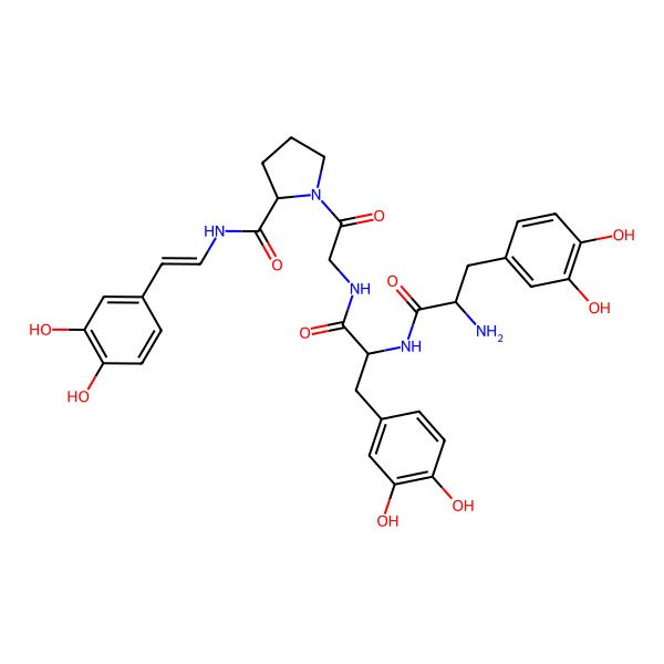 2D Structure of (2S)-1-[2-[[(2S)-2-[[(2S)-2-amino-3-(3,4-dihydroxyphenyl)propanoyl]amino]-3-(3,4-dihydroxyphenyl)propanoyl]amino]acetyl]-N-[(E)-2-(3,4-dihydroxyphenyl)ethenyl]pyrrolidine-2-carboxamide