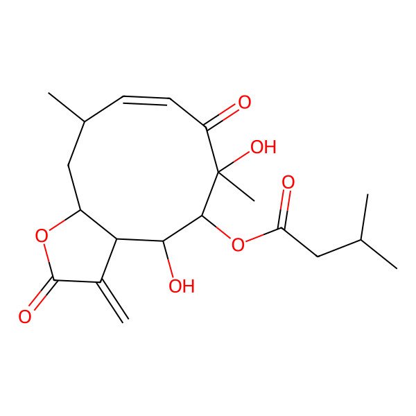 2D Structure of (4,6-Dihydroxy-6,10-dimethyl-3-methylidene-2,7-dioxo-3a,4,5,10,11,11a-hexahydrocyclodeca[b]furan-5-yl) 3-methylbutanoate