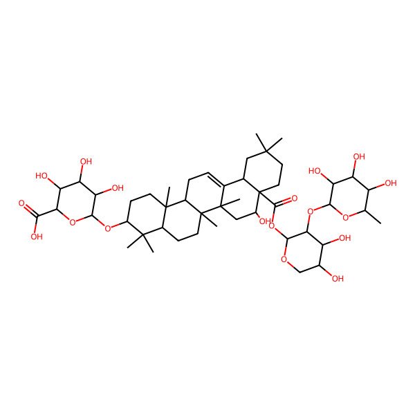 2D Structure of (2S,3S,4S,5R,6R)-6-[[(3S,4aR,6aR,6bR,8S,8aR,12aS,14aR,14bR)-8a-[(2S,3R,4S,5S)-4,5-dihydroxy-3-[(2S,3R,4R,5R,6S)-3,4,5-trihydroxy-6-methyloxan-2-yl]oxyoxan-2-yl]oxycarbonyl-8-hydroxy-4,4,6a,6b,11,11,14b-heptamethyl-1,2,3,4a,5,6,7,8,9,10,12,12a,14,14a-tetradecahydropicen-3-yl]oxy]-3,4,5-trihydroxyoxane-2-carboxylic acid