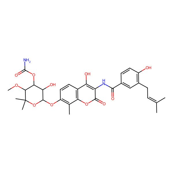 2D Structure of [5-Hydroxy-6-[4-hydroxy-3-[[4-hydroxy-3-(3-methylbut-2-enyl)benzoyl]amino]-8-methyl-2-oxochromen-7-yl]oxy-3-methoxy-2,2-dimethyloxan-4-yl] carbamate