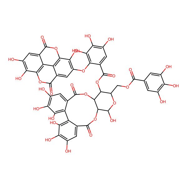2D Structure of [3,4,5,11,20,21,22-Heptahydroxy-8,17-dioxo-13-[(3,4,5-trihydroxybenzoyl)oxymethyl]-9,12,16-trioxatetracyclo[16.4.0.02,7.010,15]docosa-1(22),2,4,6,18,20-hexaen-14-yl] 3,4,5-trihydroxy-2-[(7,13,14-trihydroxy-3,10-dioxo-2,9-dioxatetracyclo[6.6.2.04,16.011,15]hexadeca-1(15),4,6,8(16),11,13-hexaen-6-yl)oxy]benzoate