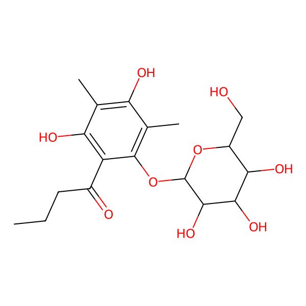 2D Structure of 1-[2,4-dihydroxy-3,5-dimethyl-6-[(2S,3R,4S,5S,6R)-3,4,5-trihydroxy-6-(hydroxymethyl)oxan-2-yl]oxyphenyl]butan-1-one