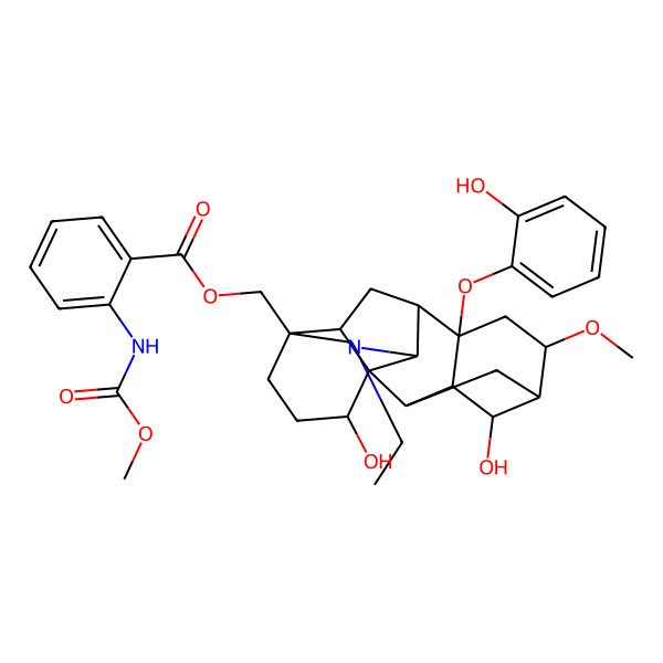 2D Structure of [11-Ethyl-4,16-dihydroxy-8-(2-hydroxyphenoxy)-6-methoxy-11-azahexacyclo[7.7.2.12,5.01,10.03,8.013,17]nonadecan-13-yl]methyl 2-(methoxycarbonylamino)benzoate