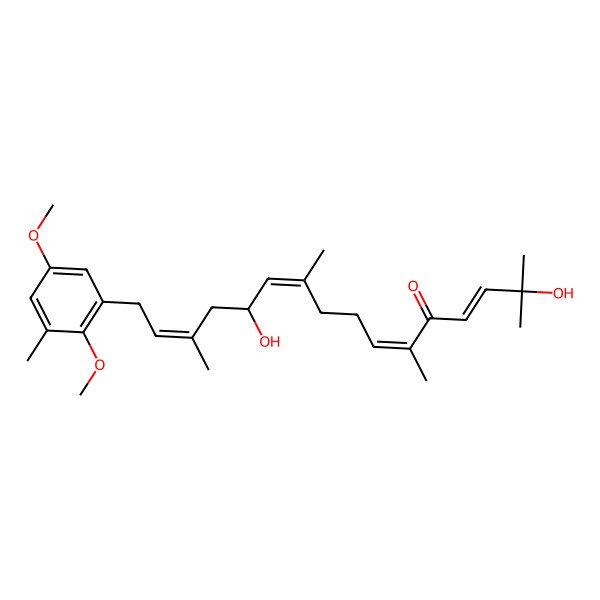 2D Structure of 16-(2,5-Dimethoxy-3-methylphenyl)-2,12-dihydroxy-2,6,10,14-tetramethylhexadeca-3,6,10,14-tetraen-5-one