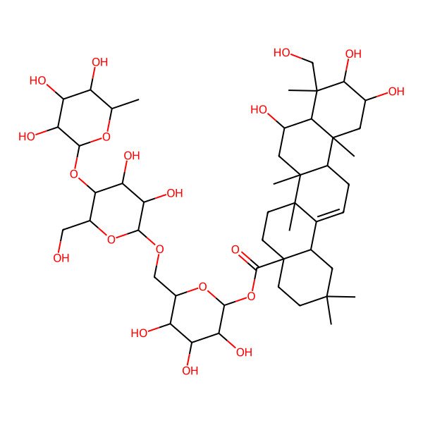 2D Structure of [(2S,3R,4S,5S,6R)-6-[[(2R,3R,4R,5S,6R)-3,4-dihydroxy-6-(hydroxymethyl)-5-[(2R,3R,4R,5R,6S)-3,4,5-trihydroxy-6-methyloxan-2-yl]oxyoxan-2-yl]oxymethyl]-3,4,5-trihydroxyoxan-2-yl] (4aS,6aR,6aS,6bR,8R,8aR,9R,10R,11R,12aR,14bR)-8,10,11-trihydroxy-9-(hydroxymethyl)-2,2,6a,6b,9,12a-hexamethyl-1,3,4,5,6,6a,7,8,8a,10,11,12,13,14b-tetradecahydropicene-4a-carboxylate
