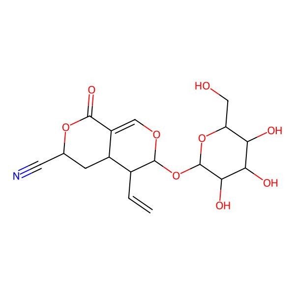 2D Structure of (3S,4aS,5R,6S)-5-ethenyl-1-oxo-6-[(2S,3R,4S,5S,6R)-3,4,5-trihydroxy-6-(hydroxymethyl)oxan-2-yl]oxy-4,4a,5,6-tetrahydro-3H-pyrano[3,4-c]pyran-3-carbonitrile
