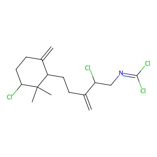 2D Structure of 1,1-dichloro-N-[2-chloro-5-[(1R,3S)-3-chloro-2,2-dimethyl-6-methylidenecyclohexyl]-3-methylidenepentyl]methanimine