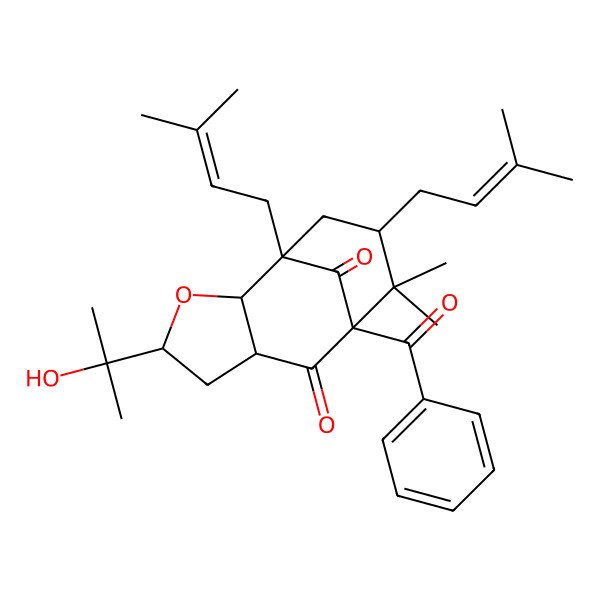 2D Structure of (1R,2S,4R,6S,8S,10S)-8-benzoyl-4-(2-hydroxypropan-2-yl)-9,9-dimethyl-1,10-bis(3-methylbut-2-enyl)-3-oxatricyclo[6.3.1.02,6]dodecane-7,12-dione